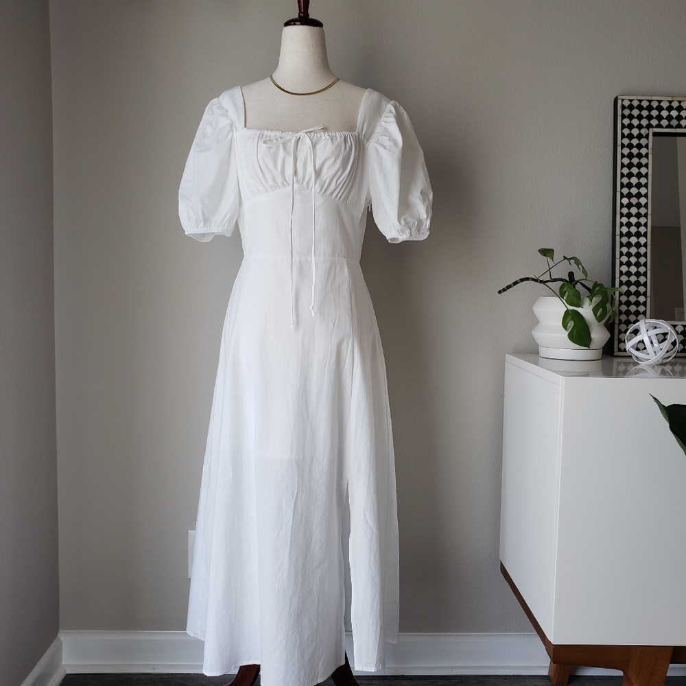 Square Neck Puff Sleeve Tie Bust Midi Maxi Dress - Picture 3 of 16